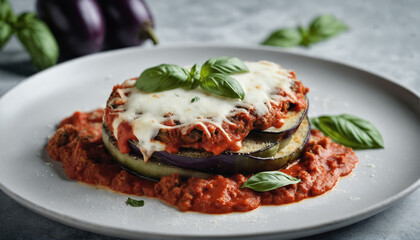 Savory layered eggplant dish topped with melted cheese and fresh basil on a gray background
