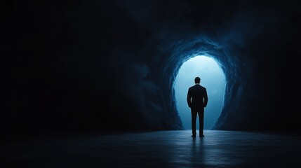 Obraz premium Man in Suit Standing at the Entrance of a Dark Cave with Bright Blue Light