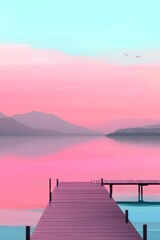 Naklejka premium A tranquil Asian landscape captured in watercolor, showcasing mountains, a lake, houses, and a pier