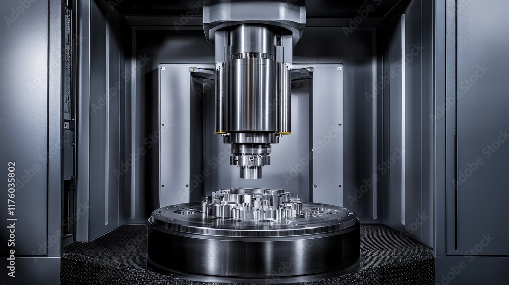 Poster high-precision cnc machine tool in action with modern steel component manufacturing in a dimly lit i