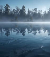 Fototapeta premium Calming mist rises from a serene lake on an abstract blue background, with gentle ripples and soft light, water, outdoor