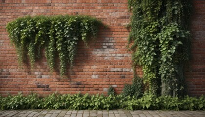 Classic wide-angle shot of a worn red brick wall adorned with ivy and moss,  wall,  landscape