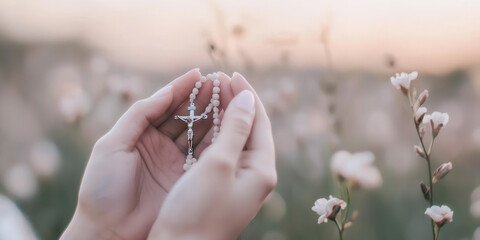 Female hands pray to hold a bead rosary with Jesus cross or Crucifix. Christian Catholic religious faith holding rosary, praying, nature landscape background