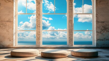 Futuristic design of a white architectural space featuring an awe-inspiring ocean view