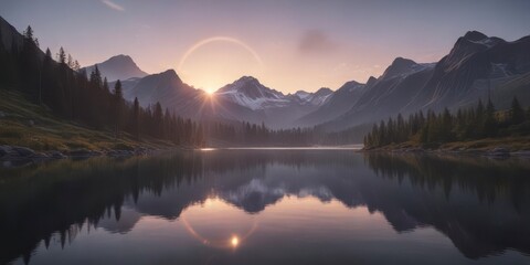 Fototapeta premium Glowing halo around a serene mountain lake at dawn, mountain scenery, atmospheric light