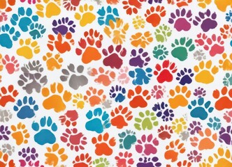 Colorful dog paw print seamless pattern on white background ,  pet backgrounds,  animal wallpaper