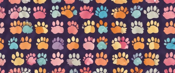 Colorful dog paw seamless pattern with cute puppy design,  isolated,  cartoon