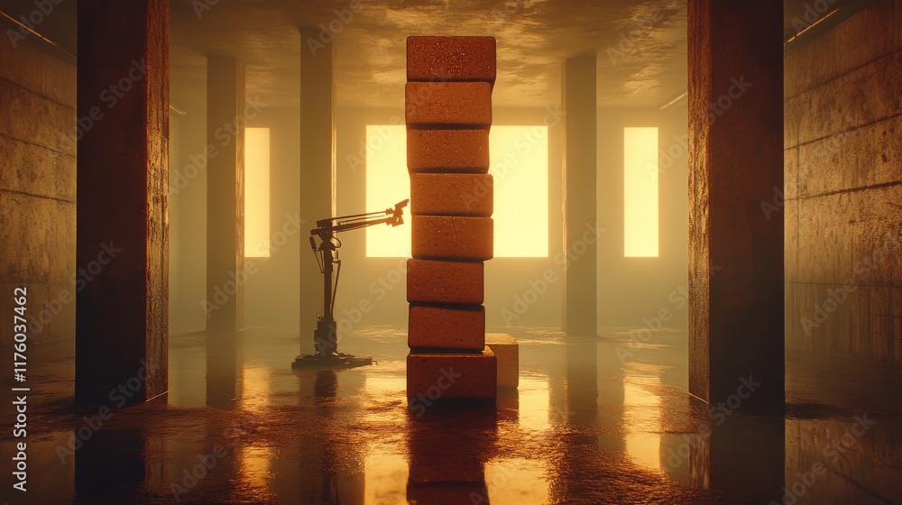 Poster a large cube of golden, textured blocks is manipulated by a robotic arm in a bright, elegant space