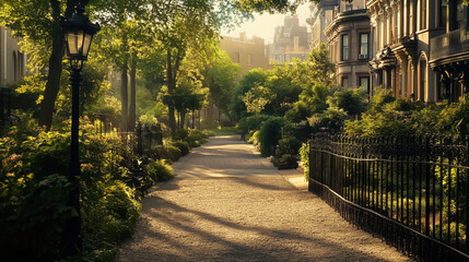 Obraz premium Picturesque Urban Park in Europe with Wide Gravel Pathways, Lush Greenery, Sunlight Dappling the Ground, and Stately Townhouses with Ornate Wrought-Iron Fences