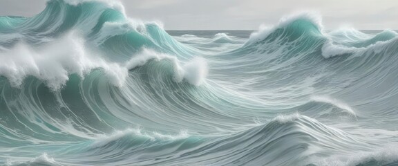 Marine-inspired wallpaper with undulating wave motifs in shades of aqua and light gray,  design,  abstract