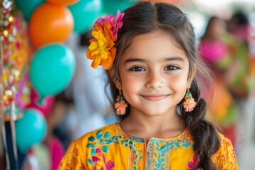 Fototapeta premium A child wearing a brightly colored kurta with playful patterns, standing in a festive setting with balloons and flowers