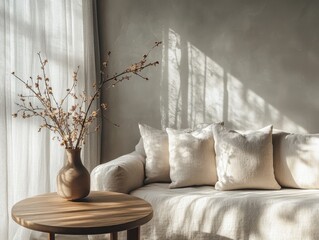 A white couch with pillows and a vase of flowers on a table