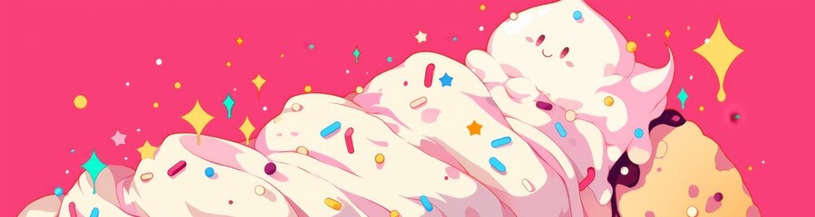 Fototapeta premium Cute Cartoon Illustration of Dripping Cream with Sprinkles on Pink Background