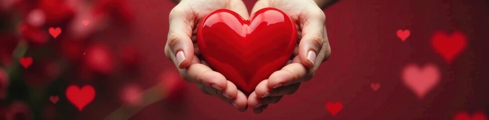 Fototapeta premium Hand gently holds a vibrant red heart Valentines, giving, care , valentines day, concept