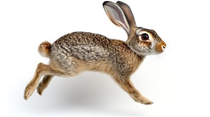A rabbit in mid-leap against a white background.