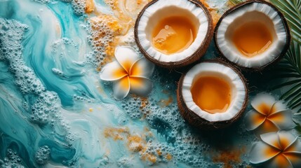Coconut and Exotic Liquid on Turquoise Background. Generative AI