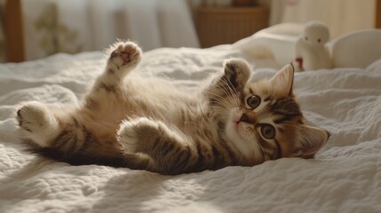A playful kitten lying on a bed, showcasing its adorable, fluffy appearance.