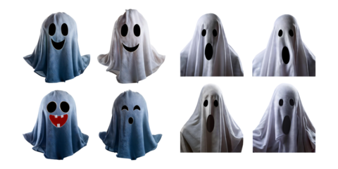 Various Ghost Costumes with Different Facial Expressions and Designs