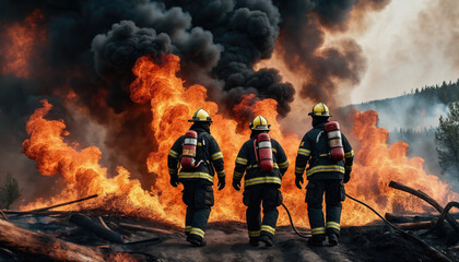 Obraz premium Firefighters battle raging wildfire in forested area during the late afternoon