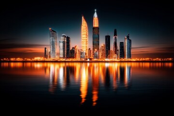 Obraz premium A cyberpunk-inspired Kuwait City with neon-lit skyscrapers, glowing water features, and holographic advertisements in the skyline