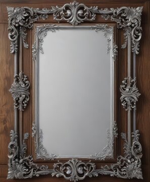 delicate silver scroll element within a ornate wooden frame ,  elegance,  silver