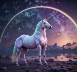 Fototapeta premium Pastel rainbow unicorn stands on a starry night sky with a celestial map in the background, stars, magic