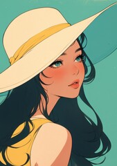 Vintage Children's Book Illustration of a Young Woman with Long Black Hair, Blue Eyes, and a White Hat with a Green Brim on a Cute Blue Background