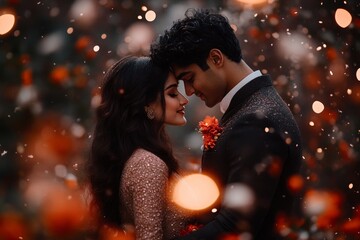 A festive photoshoot featuring a couple in complementing kurtas, surrounded by traditional lamps and marigold decorations