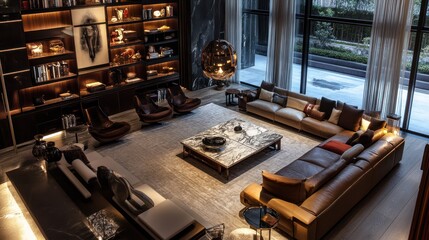 Luxurious modern living room interior design with large windows, leather sofas, marble coffee table, and built-in bookcase.