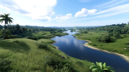 Obraz premium Serene river landscape with lush greenery and blue skies.