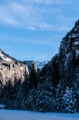A winter landscape in Yosemite valley, just before sunset.