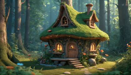 Fototapeta premium Charming woodland cottage nestled among towering trees with vibrant greenery and colorful flowers in the magical forest