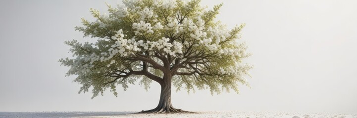 Fototapeta premium Single majestic tree with lush white leaves against a serene white background, peaceful, calm