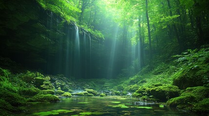 Obraz premium A serene forest scene with a waterfall and lush greenery, evoking tranquility and nature's beauty.