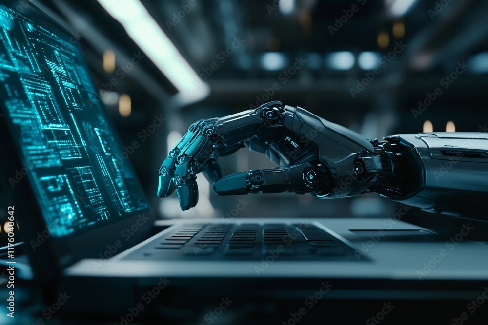 Aufkleber a robotic arm interacts with a laptop, showcasing advanced technology and computing.