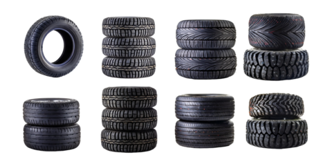 Variety of Tire Designs and Textures Isolated on Transparent Background