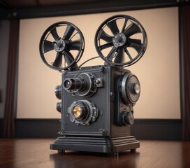 Obraz premium Film projector on a vector cinema screen with a retro aesthetic, analog, movie screen