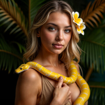 a woman with blonde hair adorned with a white flower in her hair. She is holding a yellow and white striped snake draped around her shoulders. The background is a dark, tropical set