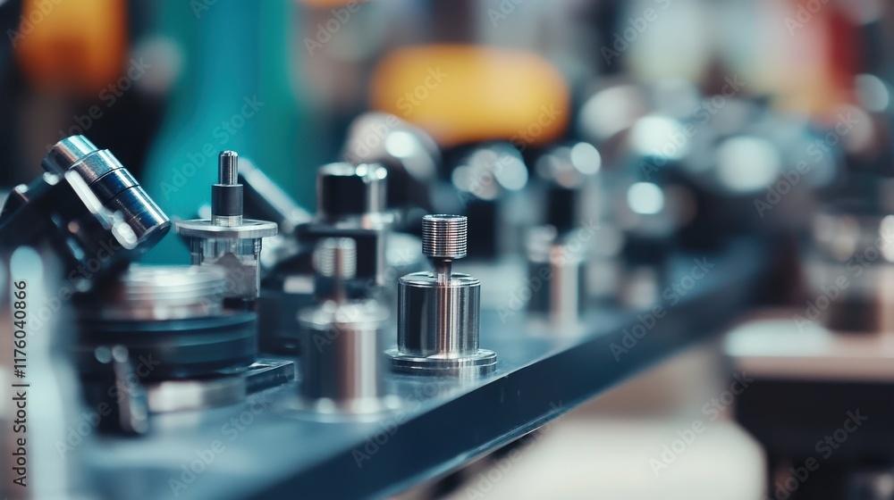 Poster close-up of precision machinery components on a workshop table, showcasing shiny metal parts and too
