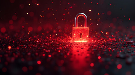 A data breach concept: shattered binary code and a broken padlock surrounded by a red glow