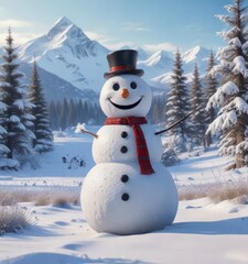Obraz premium Frosty winter landscape with happy snowman standing in a snowy field, surrounded by trees and mountains , frosty landscape, snowy field