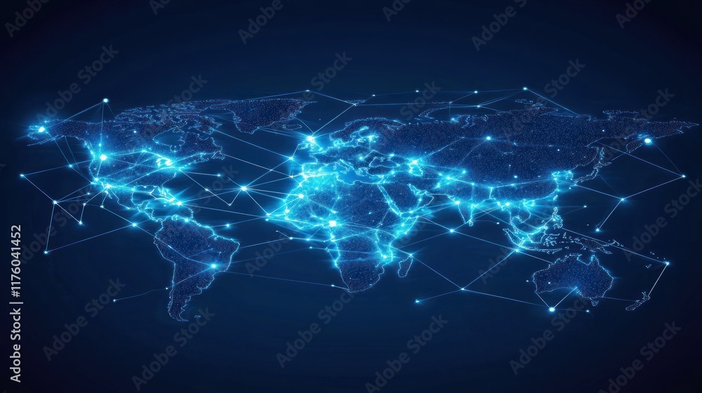 Poster global digital network connection visualization with bright lines and dots representing data flow ac