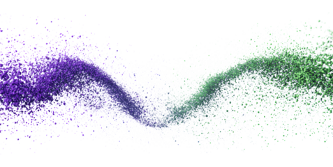 Dynamic Collision of Purple and Green Particles in a Fluid Motion, Isolated on Transparent and White Background