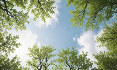 Obraz premium Tree branches stretching towards sky with lush green leaves against snowy white background, white, green leaves