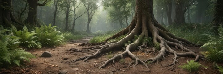 Obraz premium Tree roots growing underfoot in a forested landscape with ferns and wildflowers, biodiversity, nature