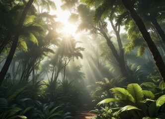  Tropical forest canopy with sunlight filtering through,  greenery,  sunlight