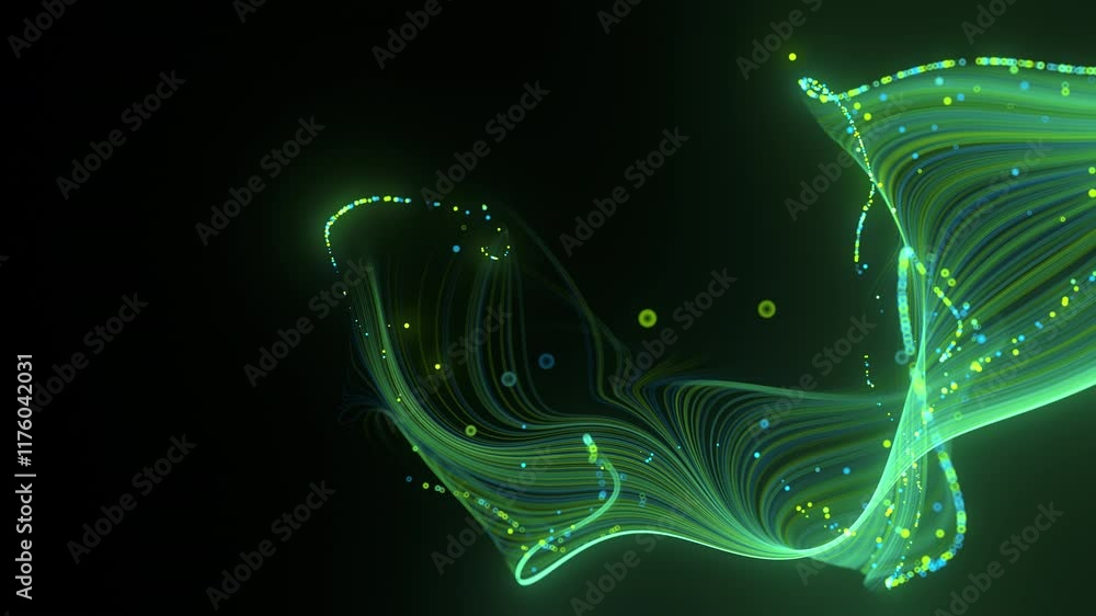 Wall mural futuristic stream of neon rays. optical fibers with data signals. particle trails background. commun