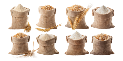 Assortment of Grain and Flour Bags with Wheat Stalks Ideal for Bakery