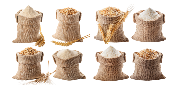 Assortment of Grain and Flour Bags with Wheat Stalks Ideal for Bakery