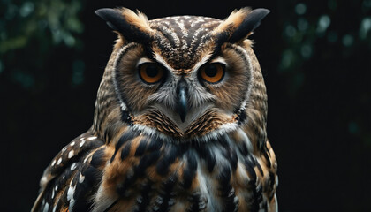 Fototapeta premium Majestic owl perched quietly in the forest, showcasing intricate feather patterns and intense gaze